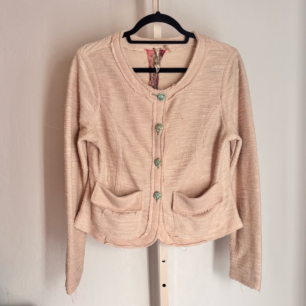 Aratta Silent Journey Textured Knit Cardigan Jacket Cream Stone Buttons, Sz Lg